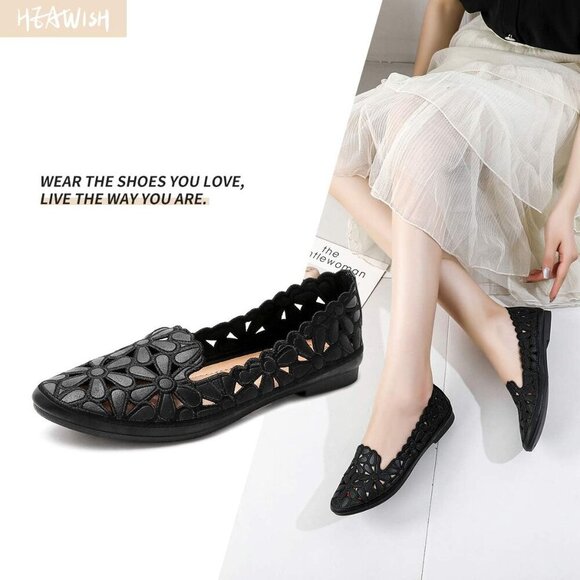 Women's PU Leather Floral Ballet Flats 8.5 Slip On Round Toe Summer Shoes - Picture 7 of 7